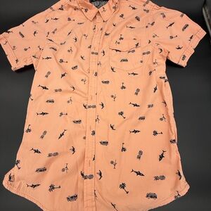 Men's Peach Short-Sleeve Button-Down Shirt with Navy Print